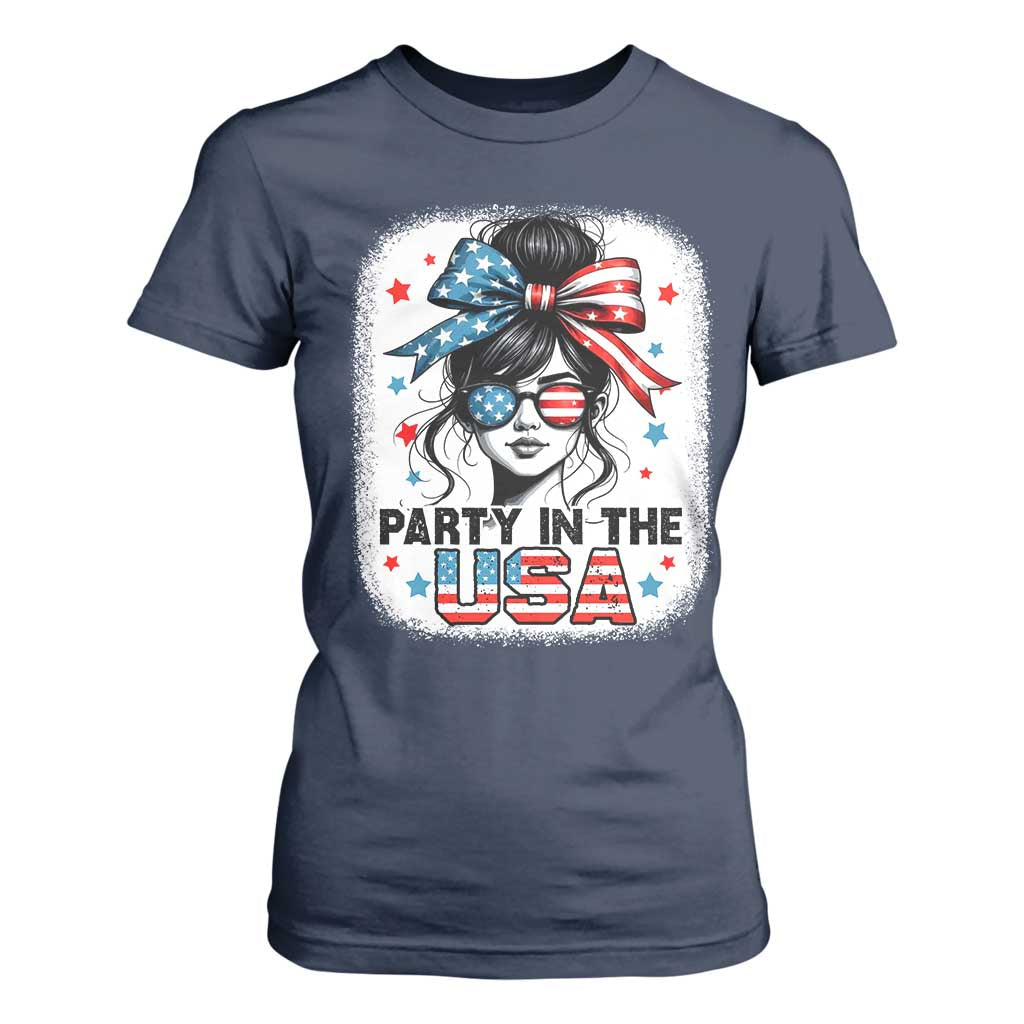 Party In USA Girls 4th of July T Shirt For Women Messy Bun USA TS10 Navy Print Your Wear