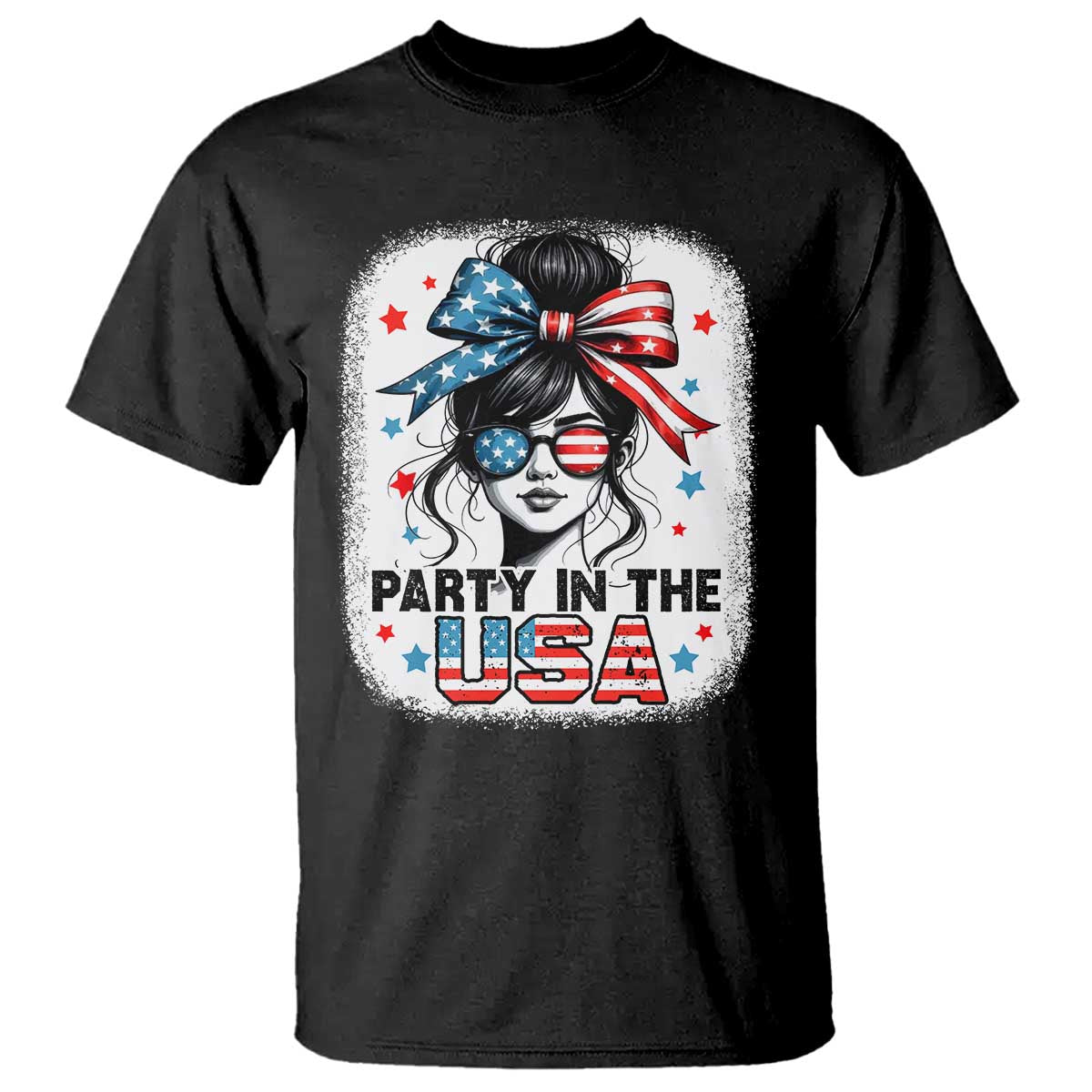 Party In USA Girls 4th of July T Shirt Messy Bun USA TS10 Black Print Your Wear