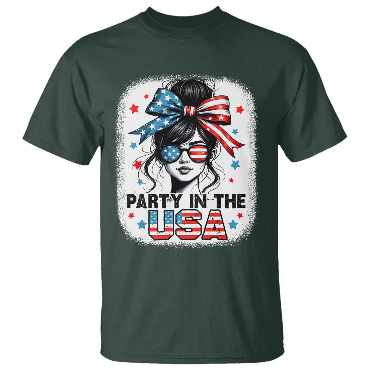 Party In USA Girls 4th of July T Shirt Messy Bun USA TS10 Dark Forest Green Print Your Wear