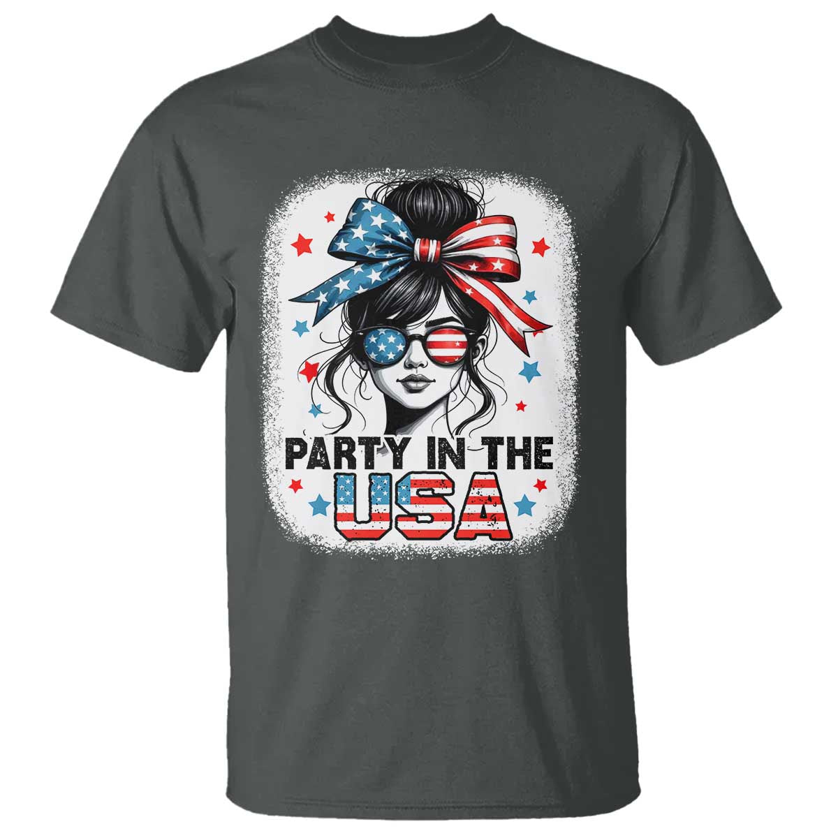 Party In USA Girls 4th of July T Shirt Messy Bun USA TS10 Dark Heather Print Your Wear