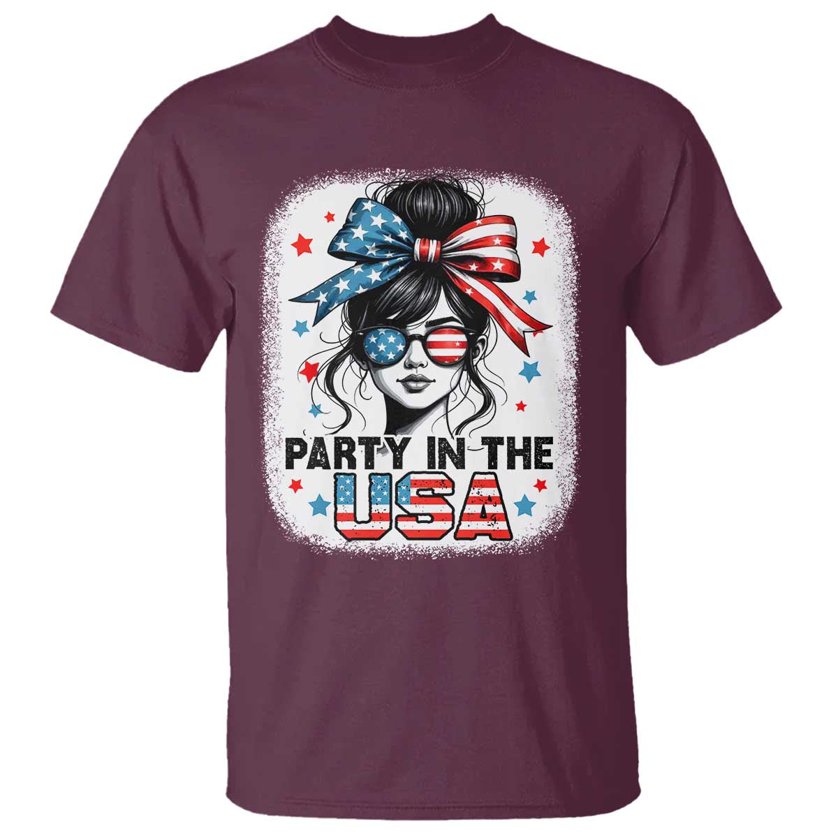 Party In USA Girls 4th of July T Shirt Messy Bun USA TS10 Maroon Print Your Wear