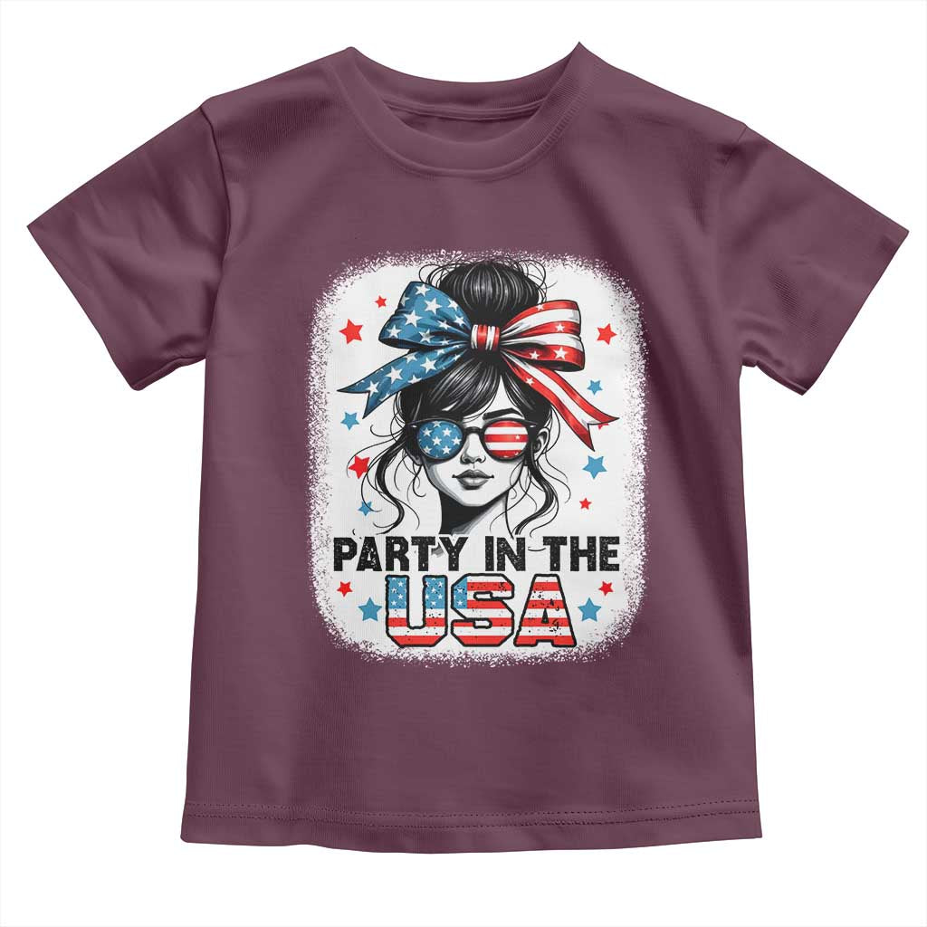 Party In USA Girls 4th of July Toddler T Shirt Messy Bun USA TS10 Maroon Print Your Wear