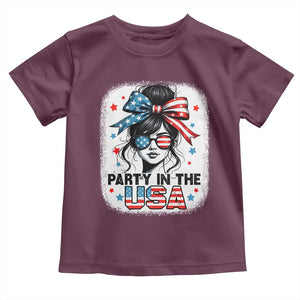 Party In USA Girls 4th of July Toddler T Shirt Messy Bun USA TS10 Maroon Print Your Wear