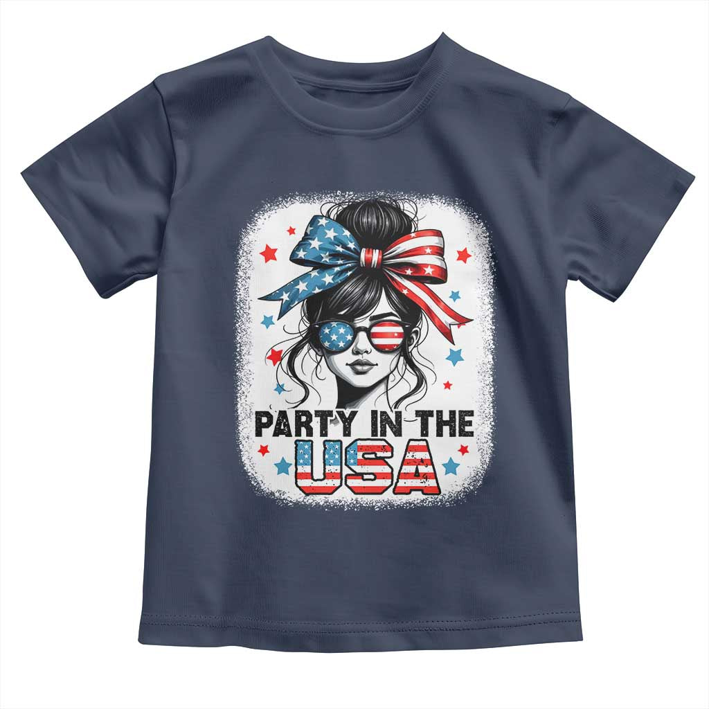Party In USA Girls 4th of July Toddler T Shirt Messy Bun USA TS10 Navy Print Your Wear