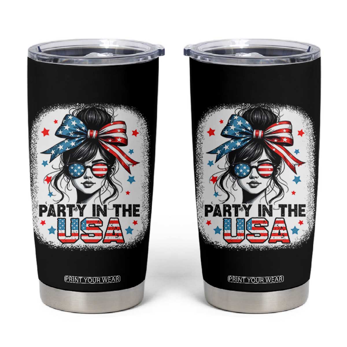 Party In USA Girls 4th of July Tumbler Cup Messy Bun USA TS10 Black Print Your Wear