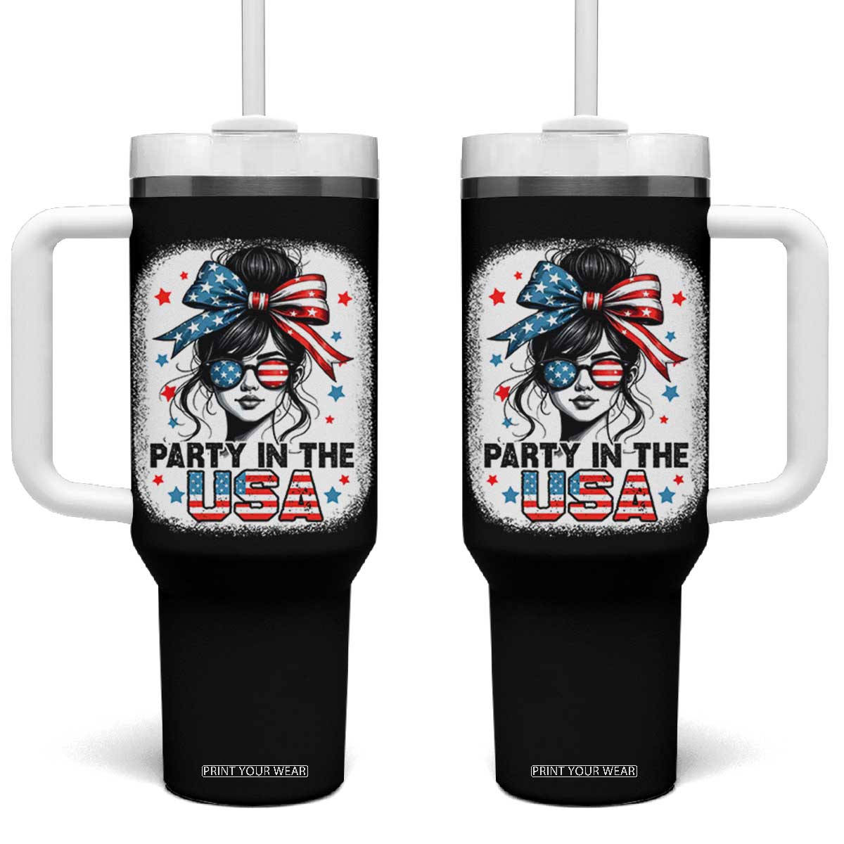 Party In USA Girls 4th of July Tumbler With Handle Messy Bun USA TS10 One Size: 40 oz Black Print Your Wear