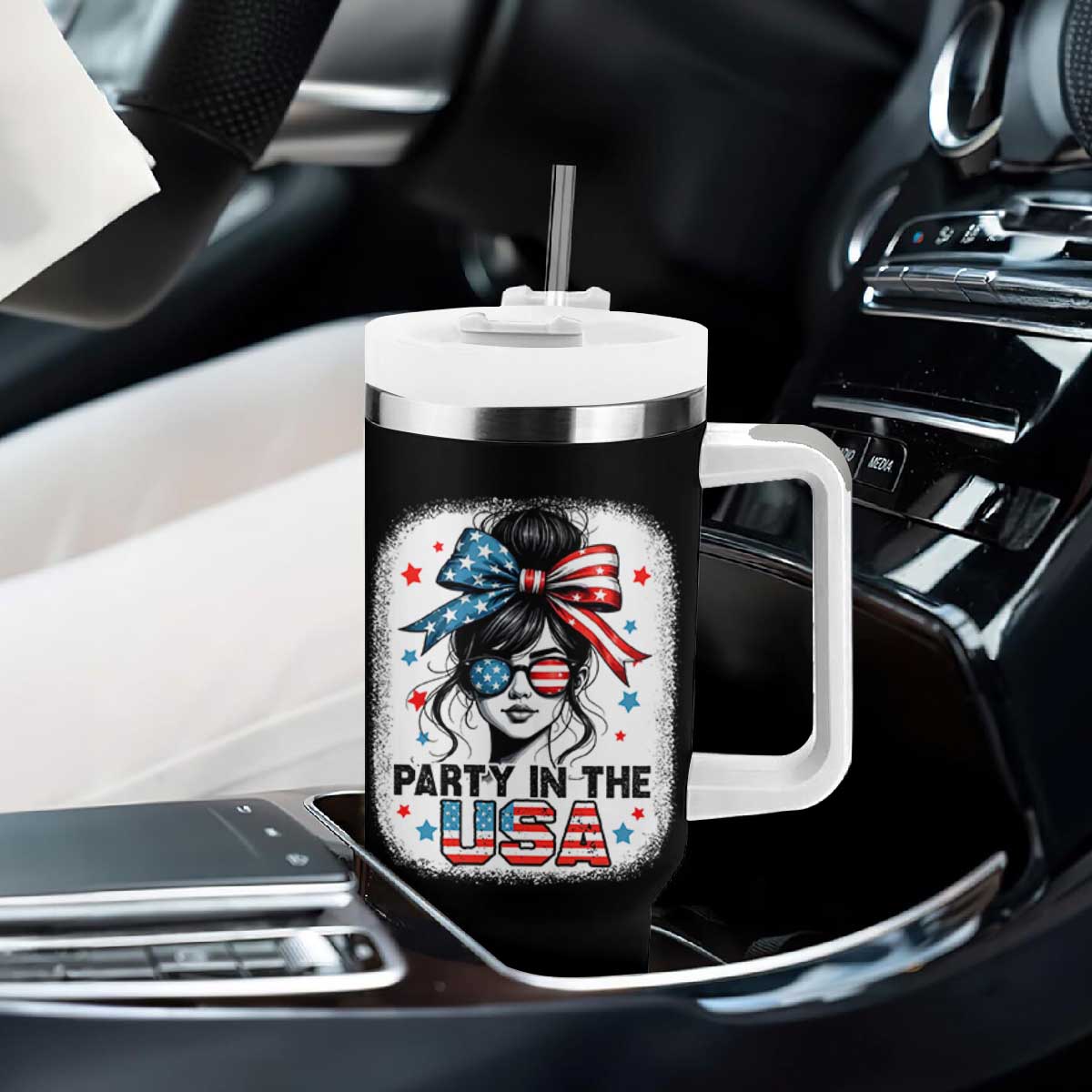 Party In USA Girls 4th of July Tumbler With Handle Messy Bun USA TS10 Print Your Wear