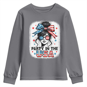 Party In USA Girls 4th of July Youth Sweatshirt Messy Bun USA TS10 Charcoal Print Your Wear