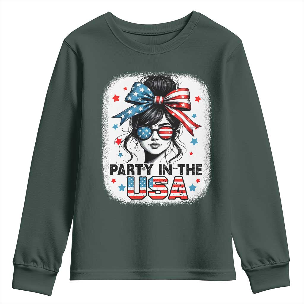 Party In USA Girls 4th of July Youth Sweatshirt Messy Bun USA TS10 Dark Forest Green Print Your Wear