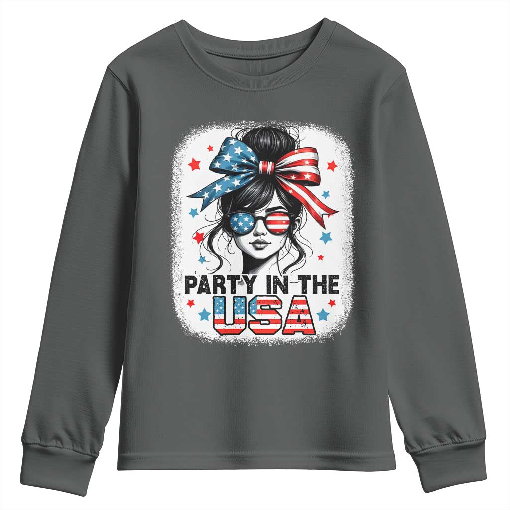 Party In USA Girls 4th of July Youth Sweatshirt Messy Bun USA TS10 Dark Heather Print Your Wear