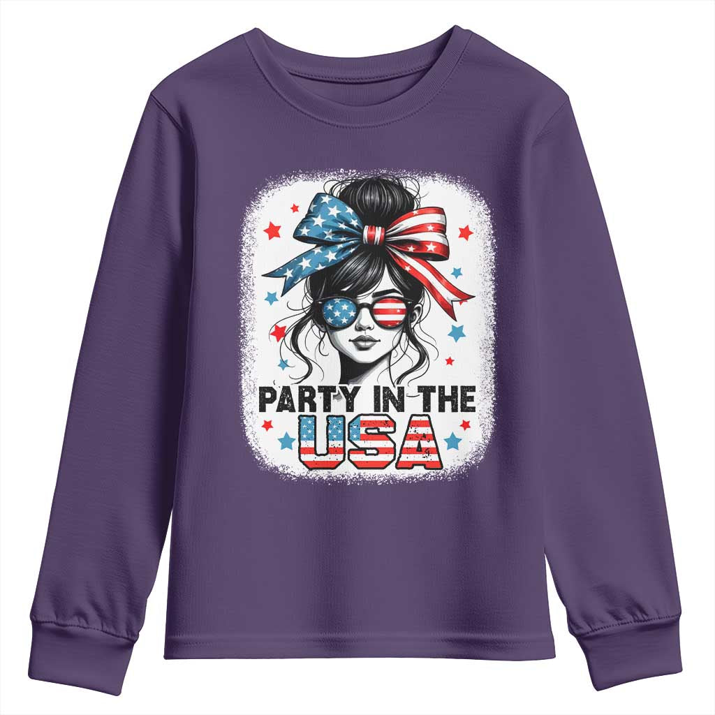 Party In USA Girls 4th of July Youth Sweatshirt Messy Bun USA TS10 Purple Print Your Wear