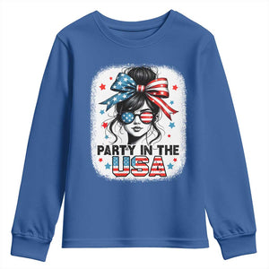 Party In USA Girls 4th of July Youth Sweatshirt Messy Bun USA TS10 Royal Blue Print Your Wear