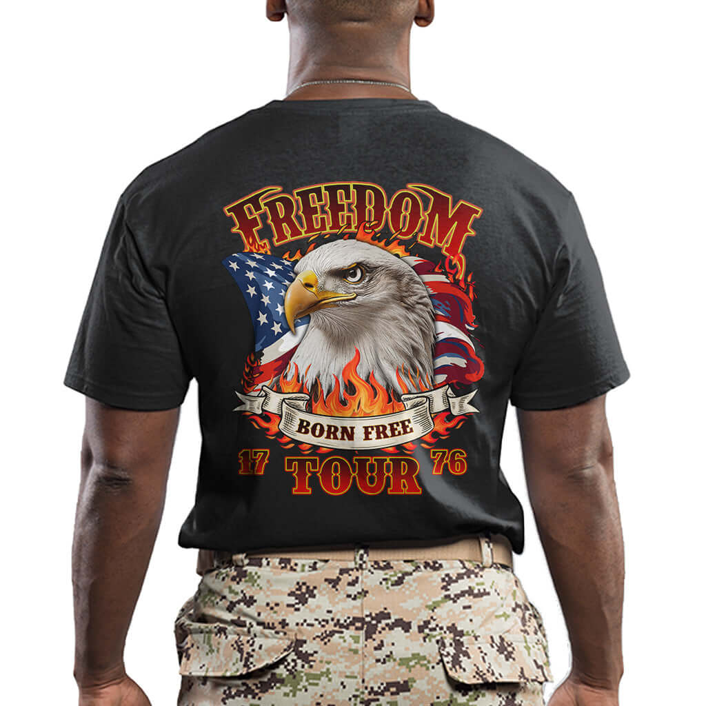 Patriotic American Eagle Freedom Tour 1776 T Shirt Born Free US Flag TS02 (Front & Back) Black Print Your Wear