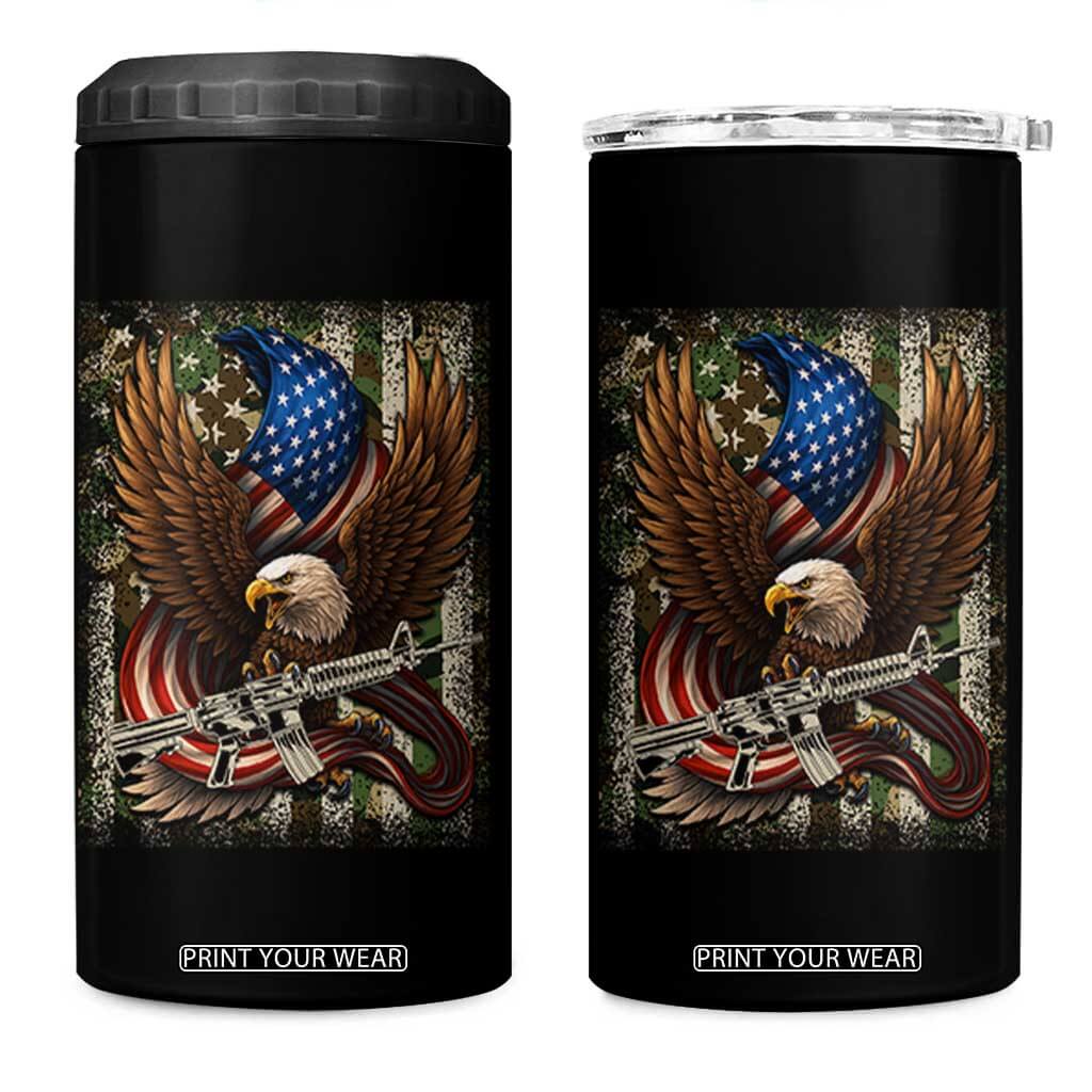 Patriotic Armed Eagle with Camo Flag 4 in 1 Can Cooler Tumbler Military Patriotic USA Defense TS02 One Size: 16 oz Black Print Your Wear