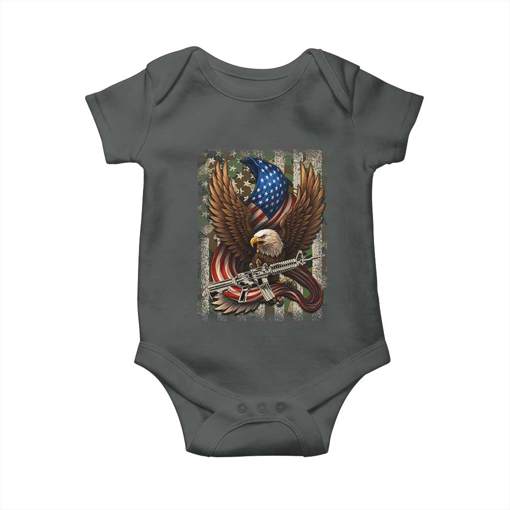 Patriotic Armed Eagle with Camo Flag Baby Onesie Military Patriotic USA Defense TS02 Dark Heather Print Your Wear
