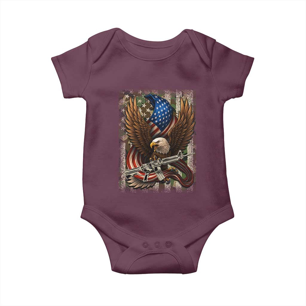 Patriotic Armed Eagle with Camo Flag Baby Onesie Military Patriotic USA Defense TS02 Maroon Print Your Wear
