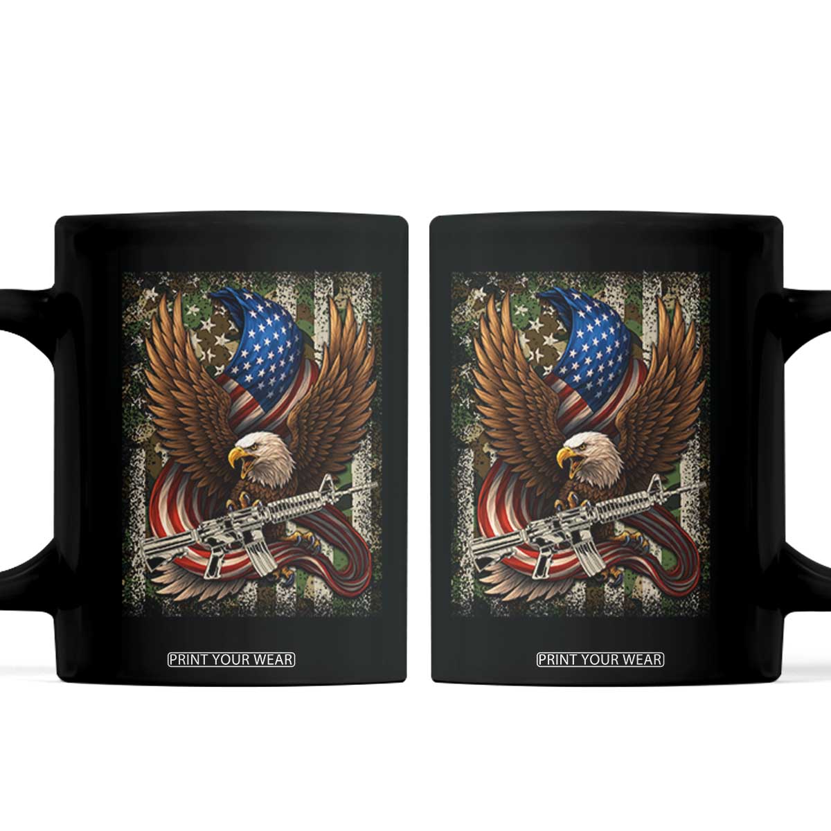 Patriotic Armed Eagle with Camo Flag Coffee Mug Military Patriotic USA Defense TS02 Black Print Your Wear