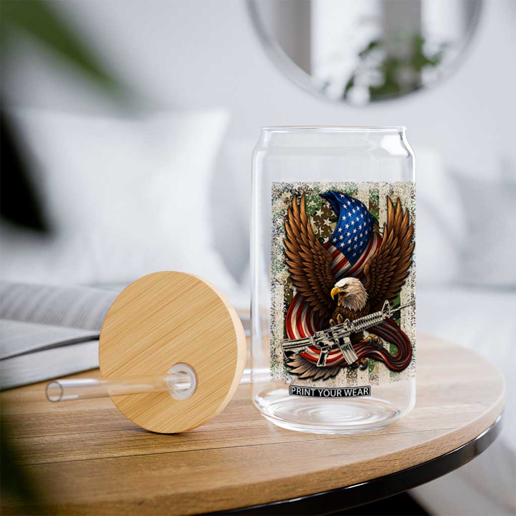 Patriotic Armed Eagle with Camo Flag Glass Can Military Patriotic USA Defense TS02 Print Your Wear