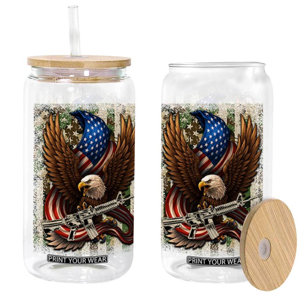 Patriotic Armed Eagle with Camo Flag Glass Can Military Patriotic USA Defense TS02 Black Print Your Wear
