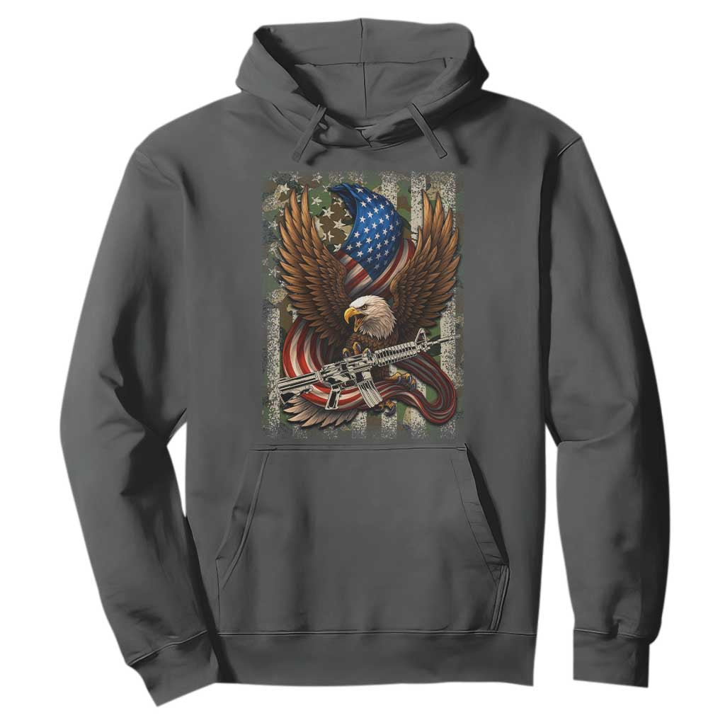 Patriotic Armed Eagle with Camo Flag Hoodie Military Patriotic USA Defense TS02 Dark Heather Print Your Wear