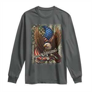 Patriotic Armed Eagle with Camo Flag Long Sleeve Shirt Military Patriotic USA Defense TS02 Dark Heather Print Your Wear
