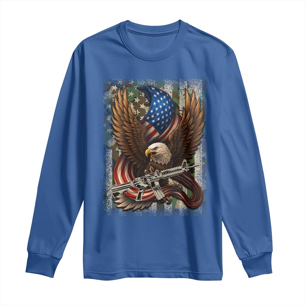 Patriotic Armed Eagle with Camo Flag Long Sleeve Shirt Military Patriotic USA Defense TS02 Royal Blue Print Your Wear