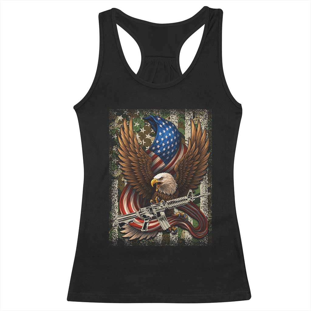Patriotic Armed Eagle with Camo Flag Racerback Tank Top Military Patriotic USA Defense TS02 Black Print Your Wear