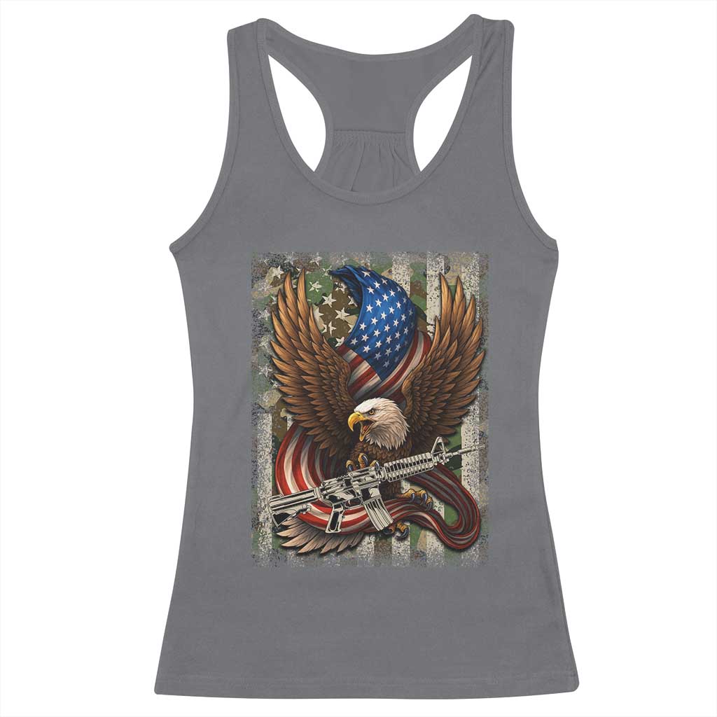 Patriotic Armed Eagle with Camo Flag Racerback Tank Top Military Patriotic USA Defense TS02 Charcoal Print Your Wear