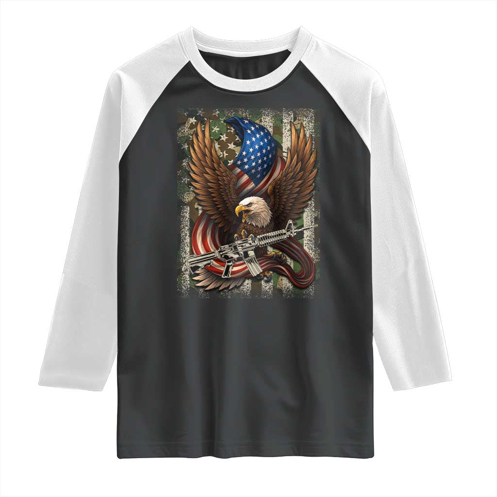 Patriotic Armed Eagle with Camo Flag Raglan Shirt Military Patriotic USA Defense TS02 Black White Print Your Wear