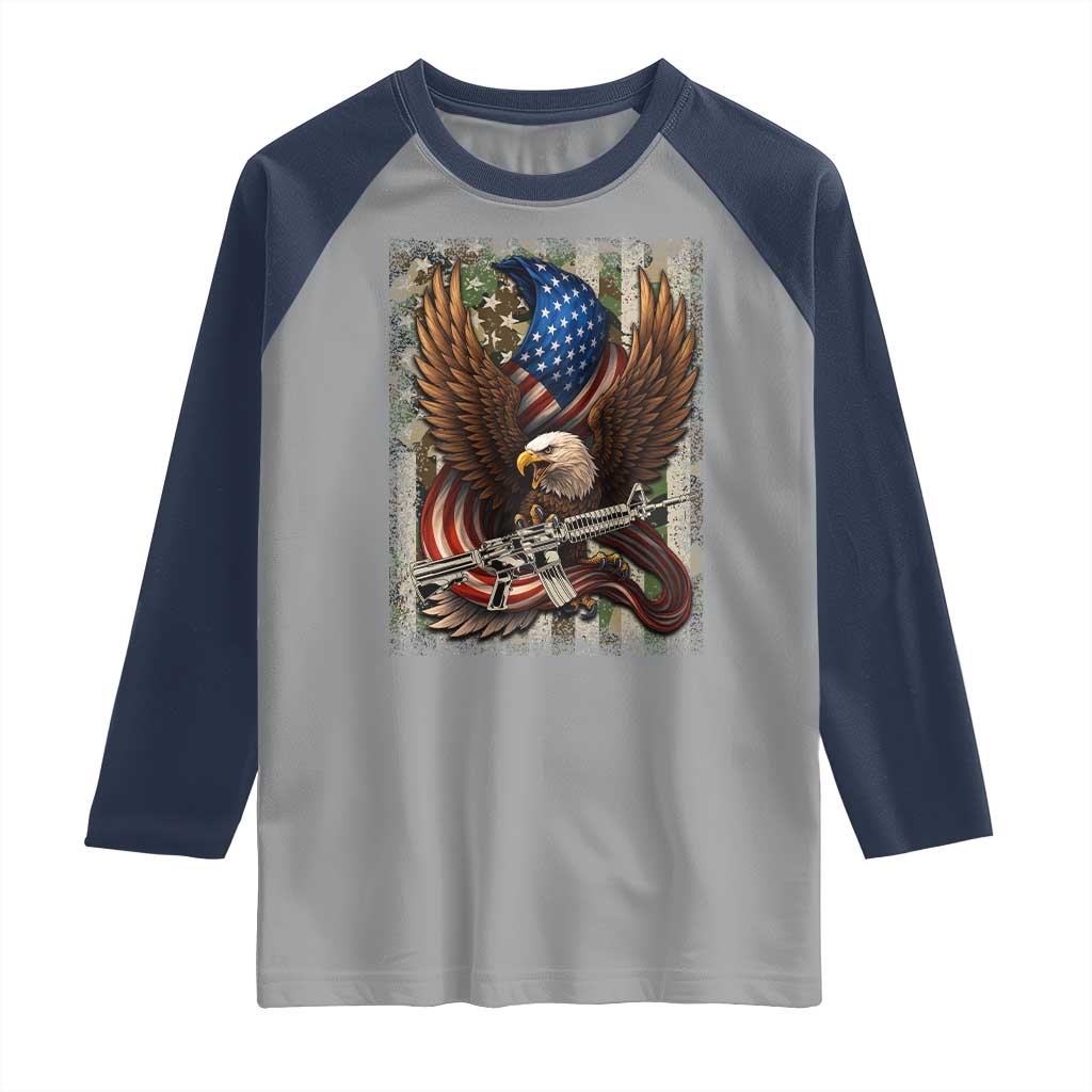 Patriotic Armed Eagle with Camo Flag Raglan Shirt Military Patriotic USA Defense TS02 Sport Gray Navy Print Your Wear
