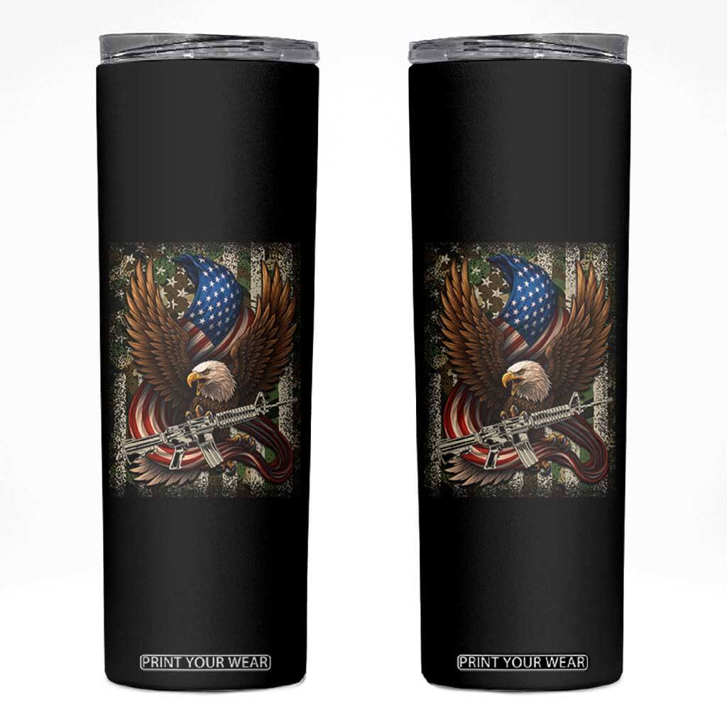 Patriotic Armed Eagle with Camo Flag Skinny Tumbler Military Patriotic USA Defense TS02 Black Print Your Wear