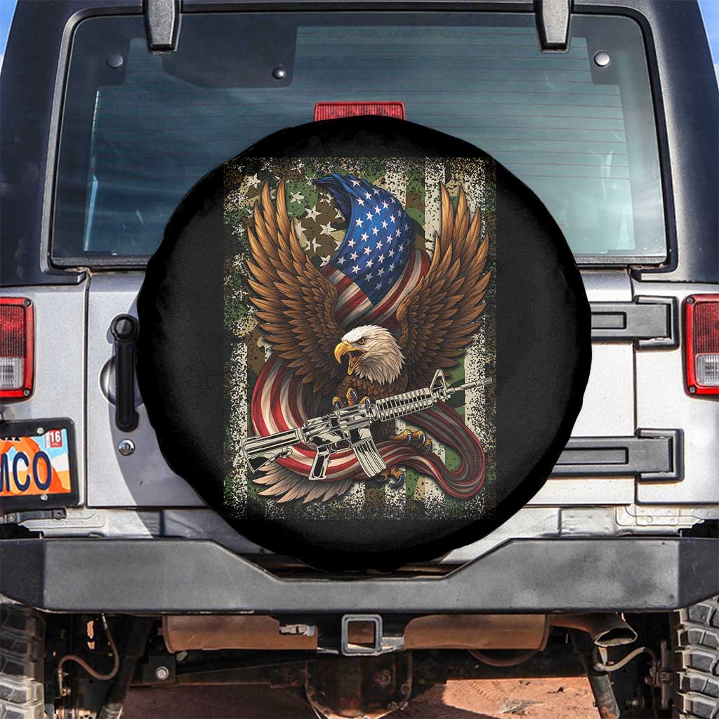 Patriotic Armed Eagle with Camo Flag Spare Tire Cover Military Patriotic USA Defense TS02 No hole Black Print Your Wear