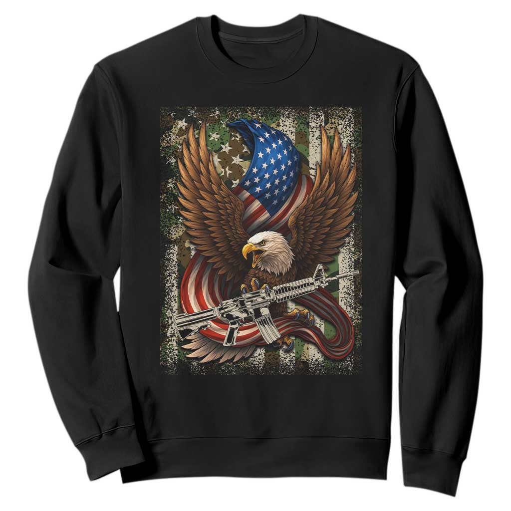 Patriotic Armed Eagle with Camo Flag Sweatshirt Military Patriotic USA Defense TS02 Black Print Your Wear