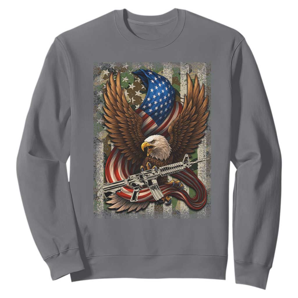 Patriotic Armed Eagle with Camo Flag Sweatshirt Military Patriotic USA Defense TS02 Charcoal Print Your Wear