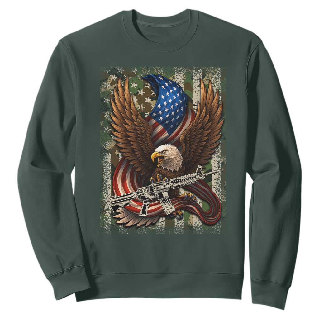 Patriotic Armed Eagle with Camo Flag Sweatshirt Military Patriotic USA Defense TS02 Dark Forest Green Print Your Wear