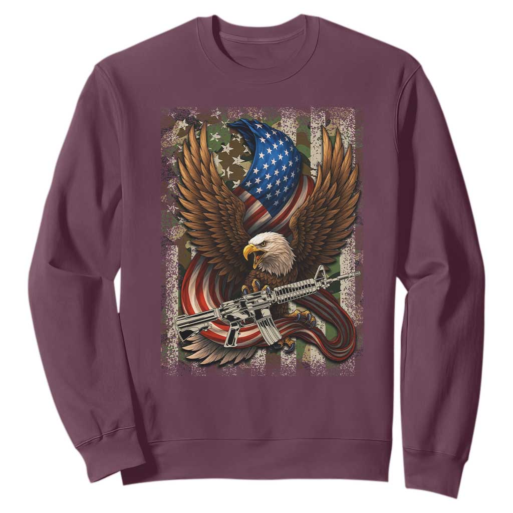 Patriotic Armed Eagle with Camo Flag Sweatshirt Military Patriotic USA Defense TS02 Maroon Print Your Wear
