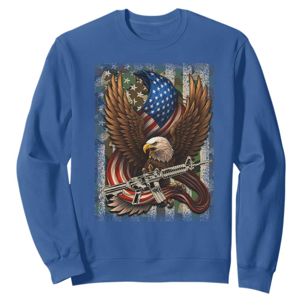 Patriotic Armed Eagle with Camo Flag Sweatshirt Military Patriotic USA Defense TS02 Royal Blue Print Your Wear