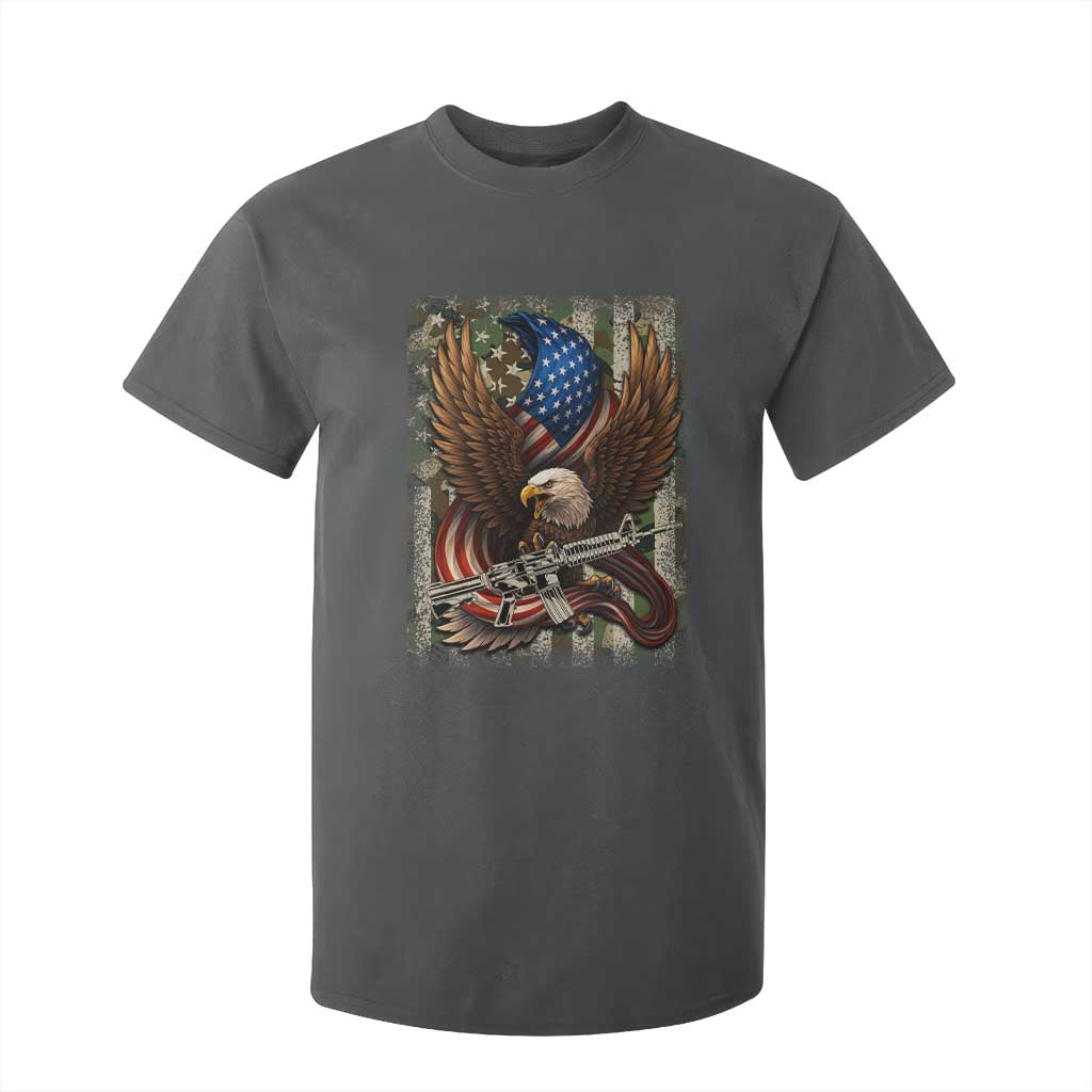 Patriotic Armed Eagle with Camo Flag T Shirt For Kid Military Patriotic USA Defense TS02 Dark Heather Print Your Wear