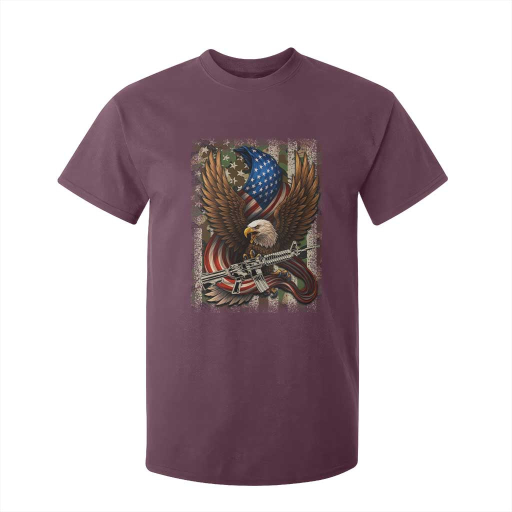 Patriotic Armed Eagle with Camo Flag T Shirt For Kid Military Patriotic USA Defense TS02 Maroon Print Your Wear