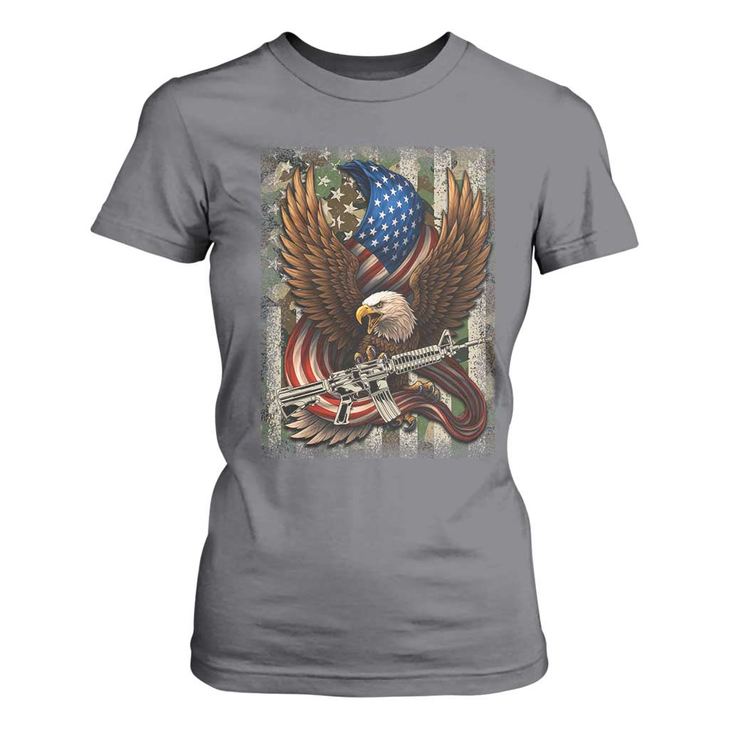 Patriotic Armed Eagle with Camo Flag T Shirt For Women Military Patriotic USA Defense TS02 Charcoal Print Your Wear