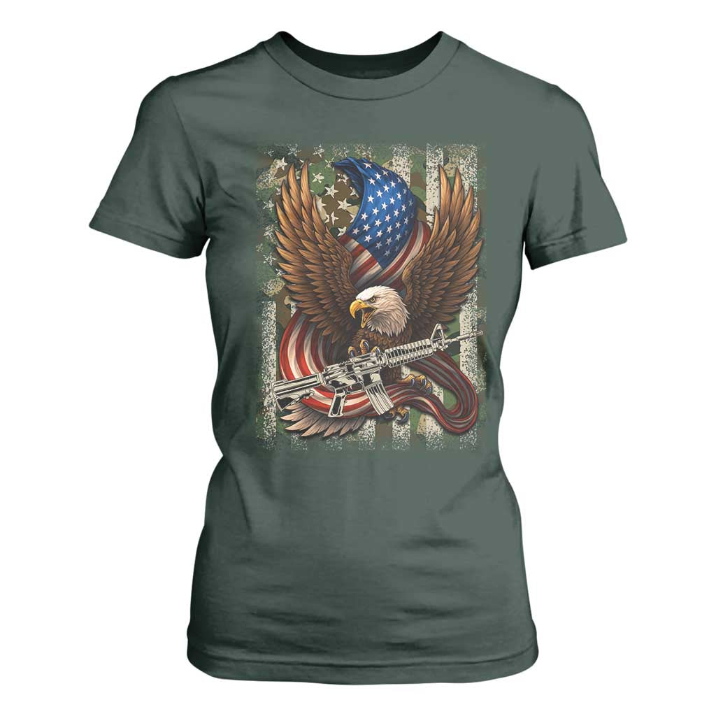 Patriotic Armed Eagle with Camo Flag T Shirt For Women Military Patriotic USA Defense TS02 Dark Forest Green Print Your Wear