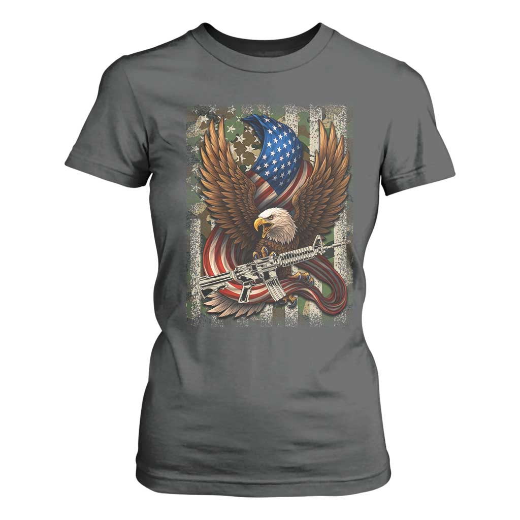 Patriotic Armed Eagle with Camo Flag T Shirt For Women Military Patriotic USA Defense TS02 Dark Heather Print Your Wear
