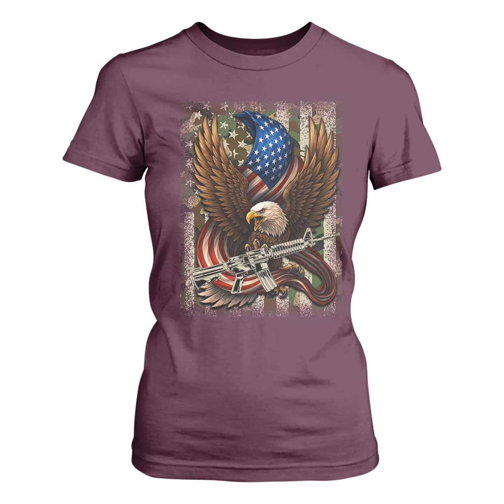Patriotic Armed Eagle with Camo Flag T Shirt For Women Military Patriotic USA Defense TS02 Maroon Print Your Wear