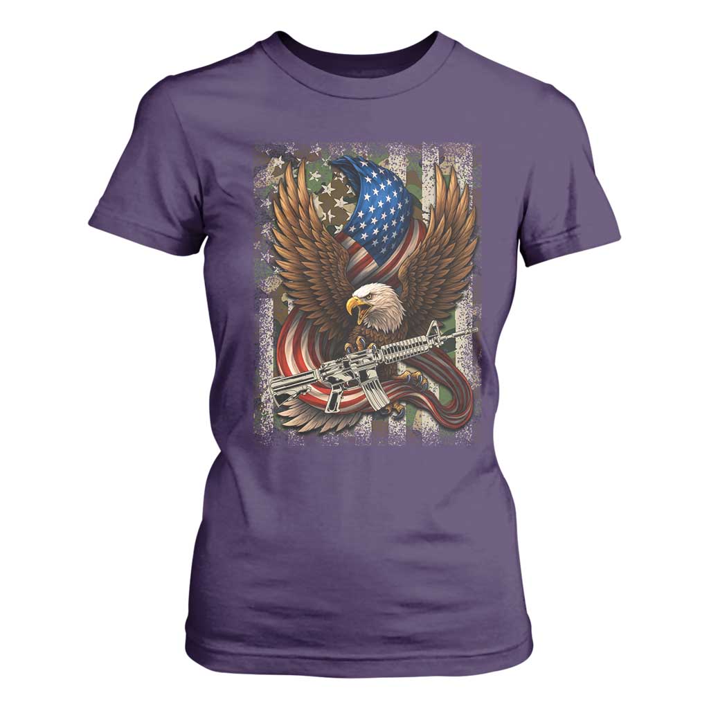 Patriotic Armed Eagle with Camo Flag T Shirt For Women Military Patriotic USA Defense TS02 Purple Print Your Wear