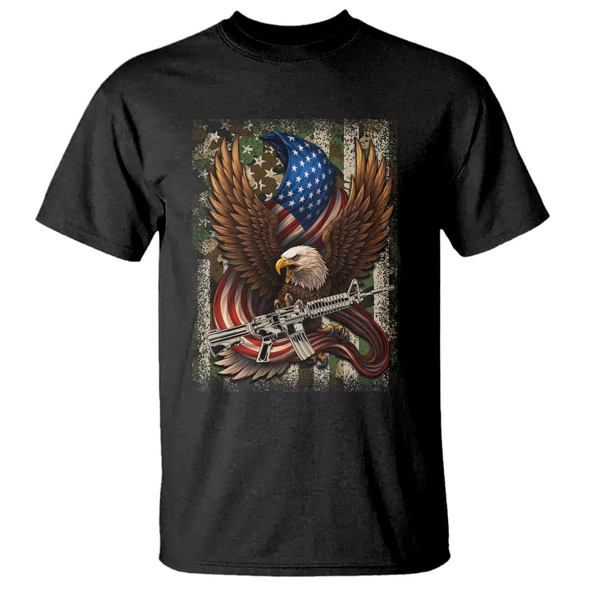 Patriotic Armed Eagle with Camo Flag T Shirt Military Patriotic USA Defense TS02 Black Print Your Wear