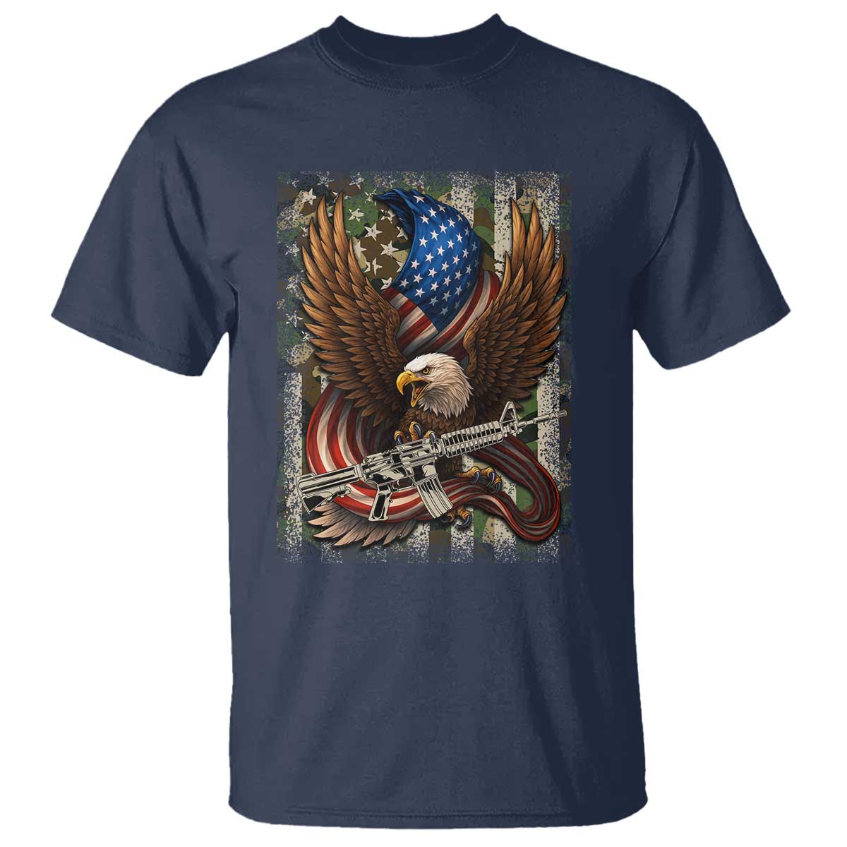 Patriotic Armed Eagle with Camo Flag T Shirt Military Patriotic USA Defense TS02 Navy Print Your Wear