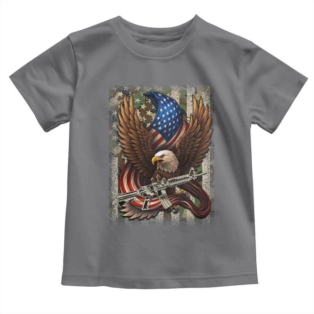 Patriotic Armed Eagle with Camo Flag Toddler T Shirt Military Patriotic USA Defense TS02 Charcoal Print Your Wear