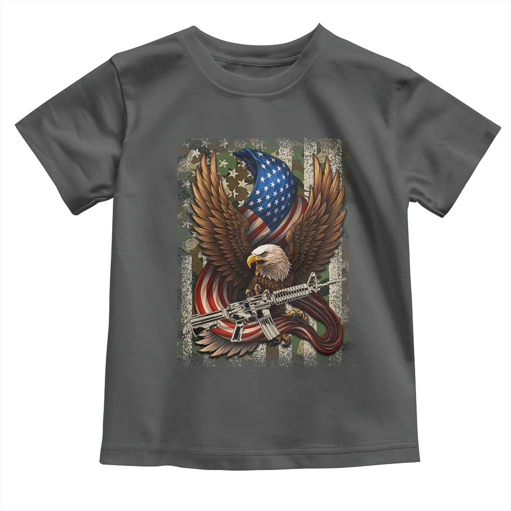 Patriotic Armed Eagle with Camo Flag Toddler T Shirt Military Patriotic USA Defense TS02 Dark Heather Print Your Wear