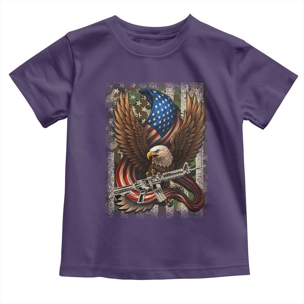 Patriotic Armed Eagle with Camo Flag Toddler T Shirt Military Patriotic USA Defense TS02 Purple Print Your Wear