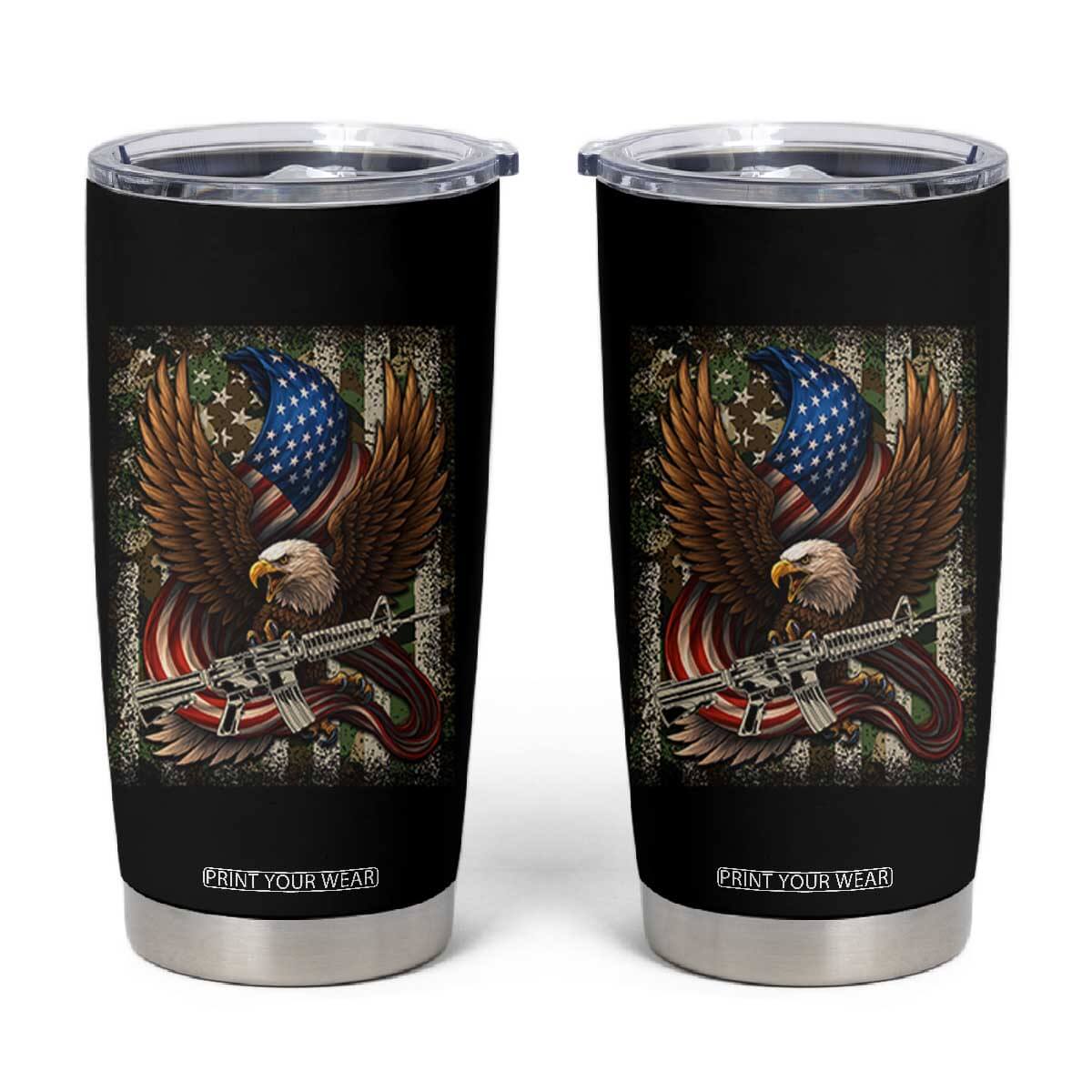 Patriotic Armed Eagle with Camo Flag Tumbler Cup Military Patriotic USA Defense TS02 Black Print Your Wear